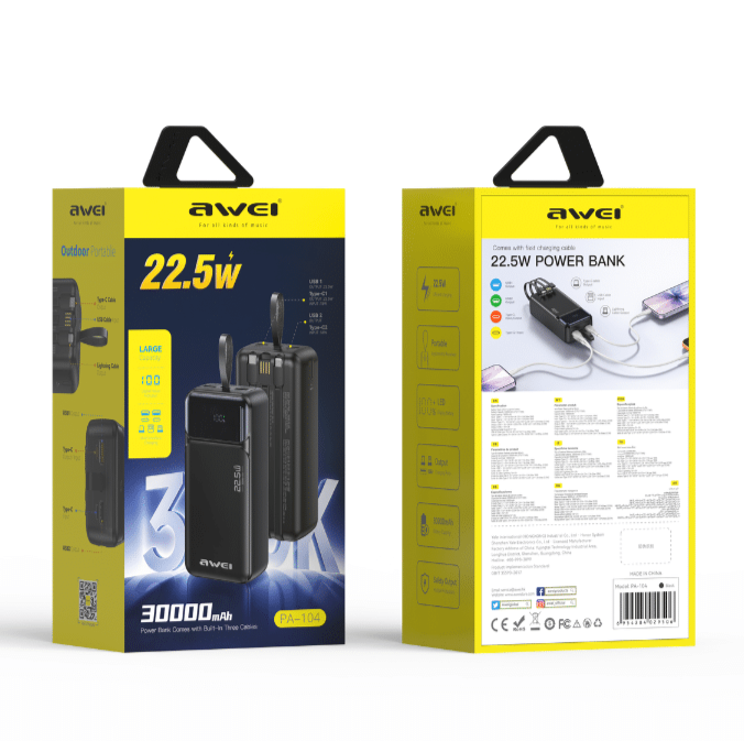 AWEI PA-104 22.5W Built-in Cable 30000mAh Power Bank