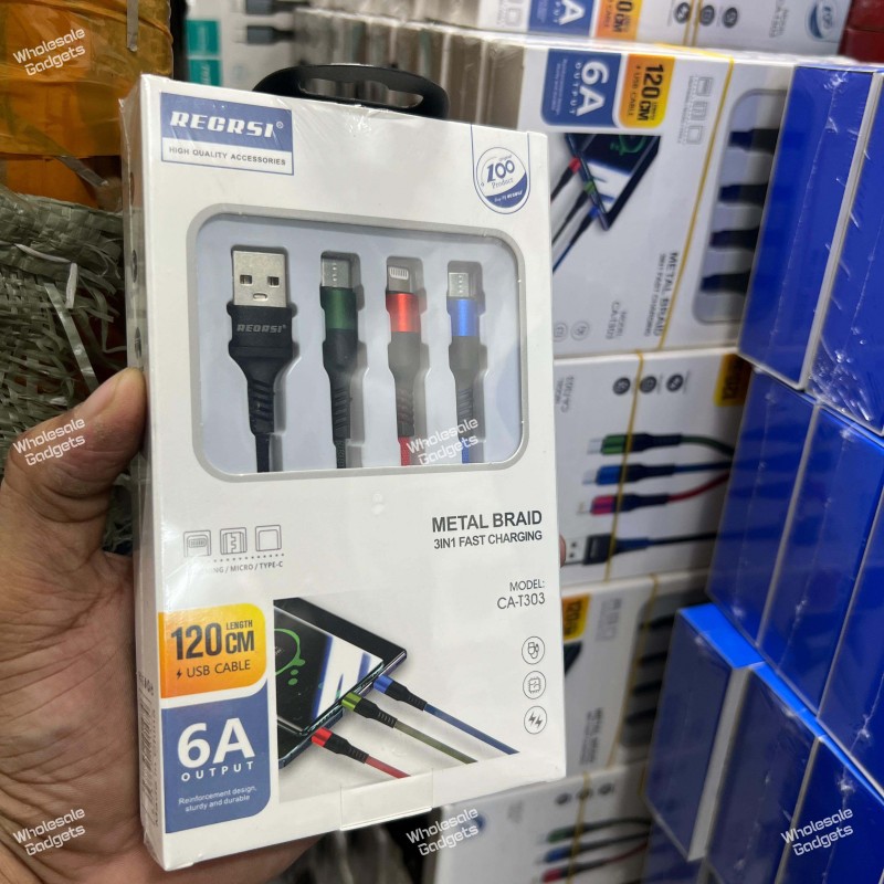 RECRSI CA-T303 3-in-1 Fast Charging USB Cable 6A 100W