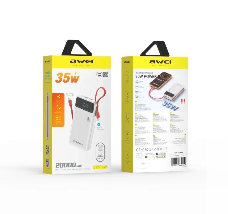 AWEI S22-35W 20000mAh Power Bank with Built-in Cable