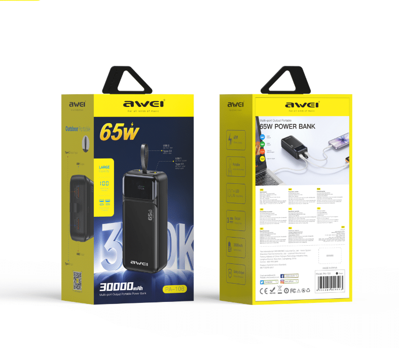 AWEI PA-108 65W Built-in Cable 30000mAh Power Bank