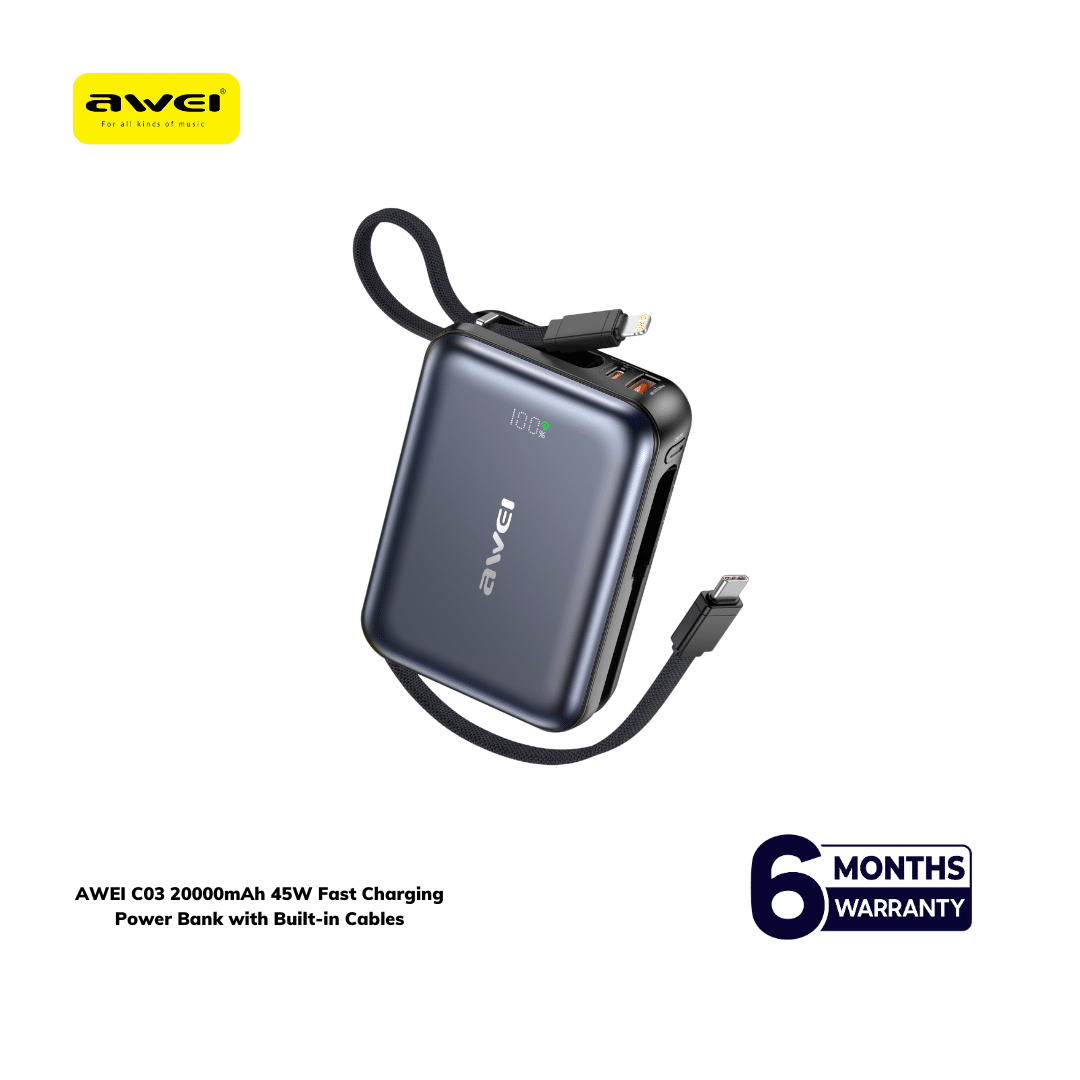 Awei C03 20000mAh 45W Power Bank with Built-in Cables