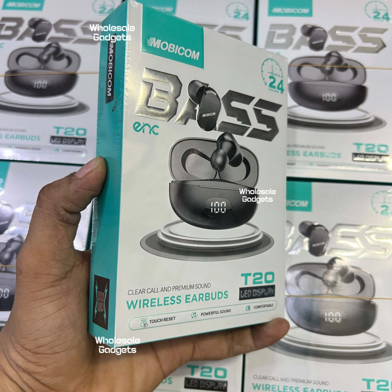 Mobicom T-20 TWS Bluetooth Earbuds – Bluetooth 5.3, Premium Black Design, Super Bass, Clear Sound & Long Battery Backup